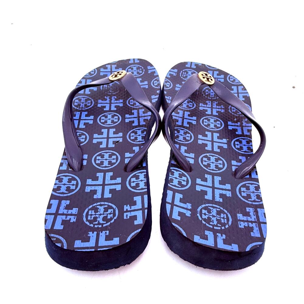 Tory Burch Navy Blue & Gold New Traveler Emblem Thong Flip Flops Sandals Size 9 - Picture 6 of 7